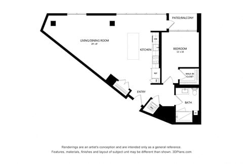 Floor plan for 1 bed, 1 bath, 1057 sqft